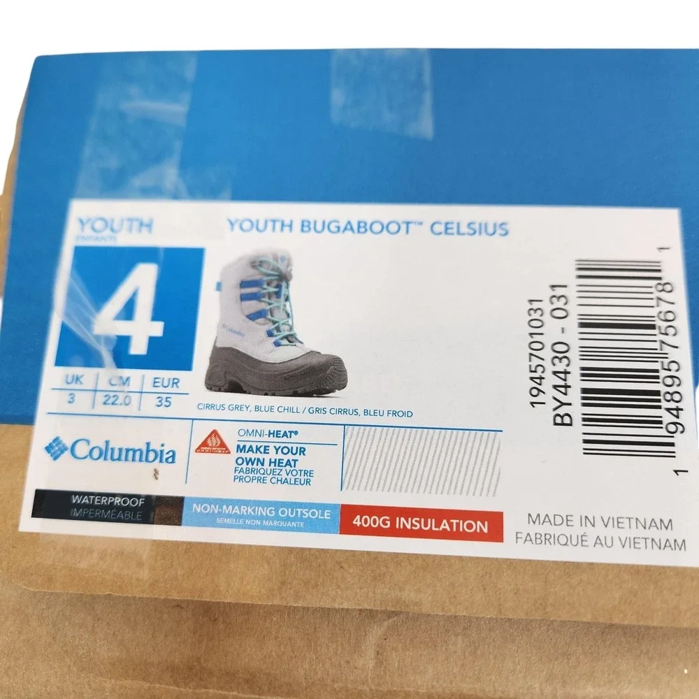 Columbia Bugaboot Celsius Snow Boots Youth 4 Gray Blue Waterproof 400g Insulated